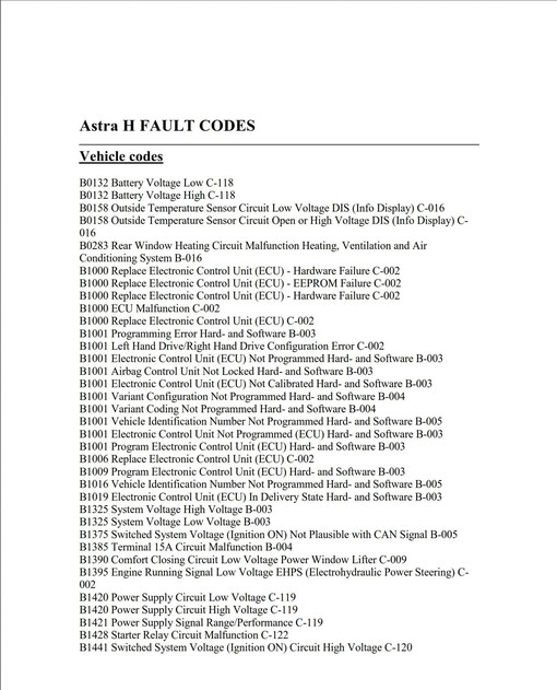 list of vauxhall fault codes alt